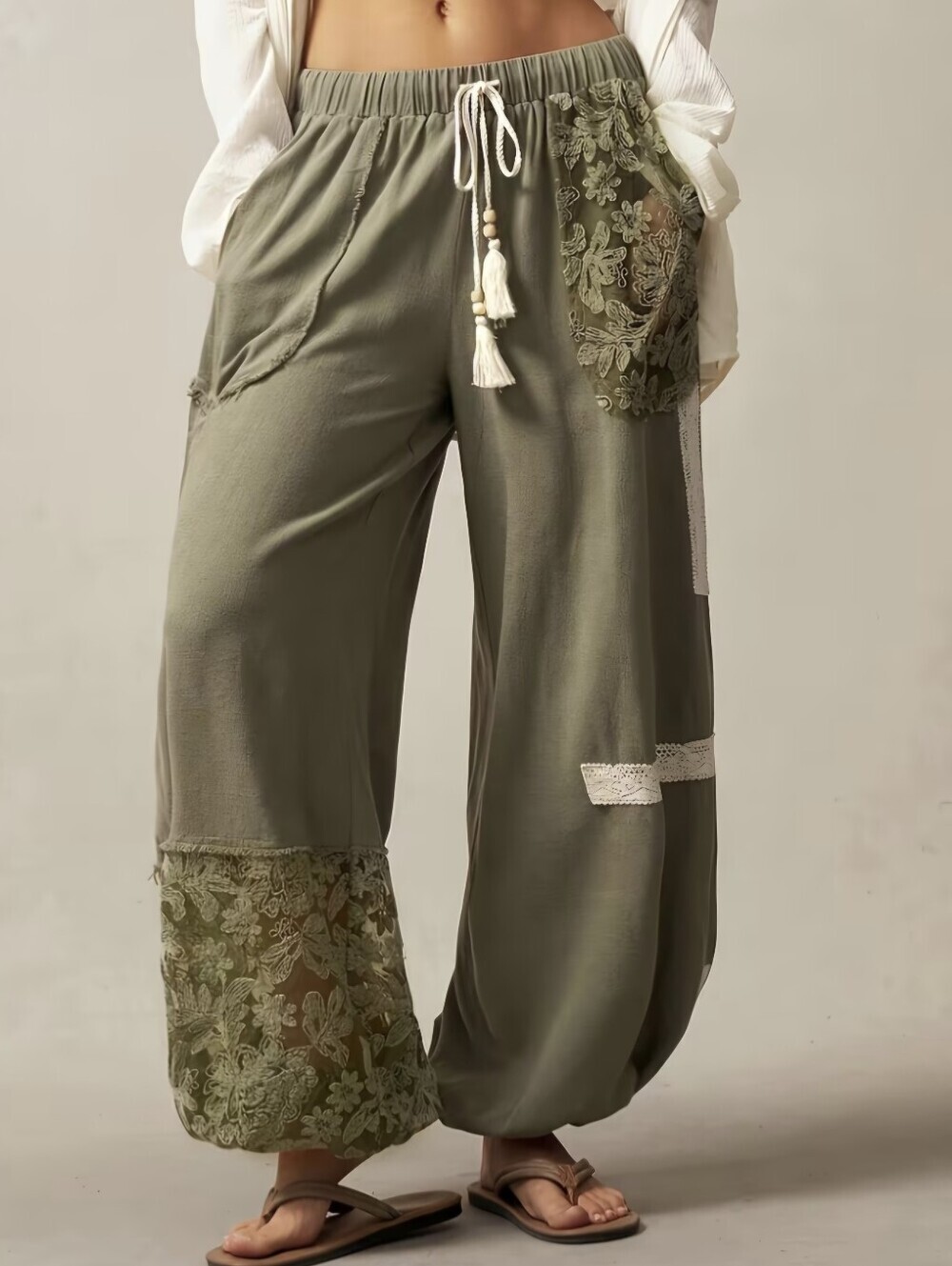Loose, Comfortable Lace-trimmed Fringe Drawstring Pants with Dual Pockets